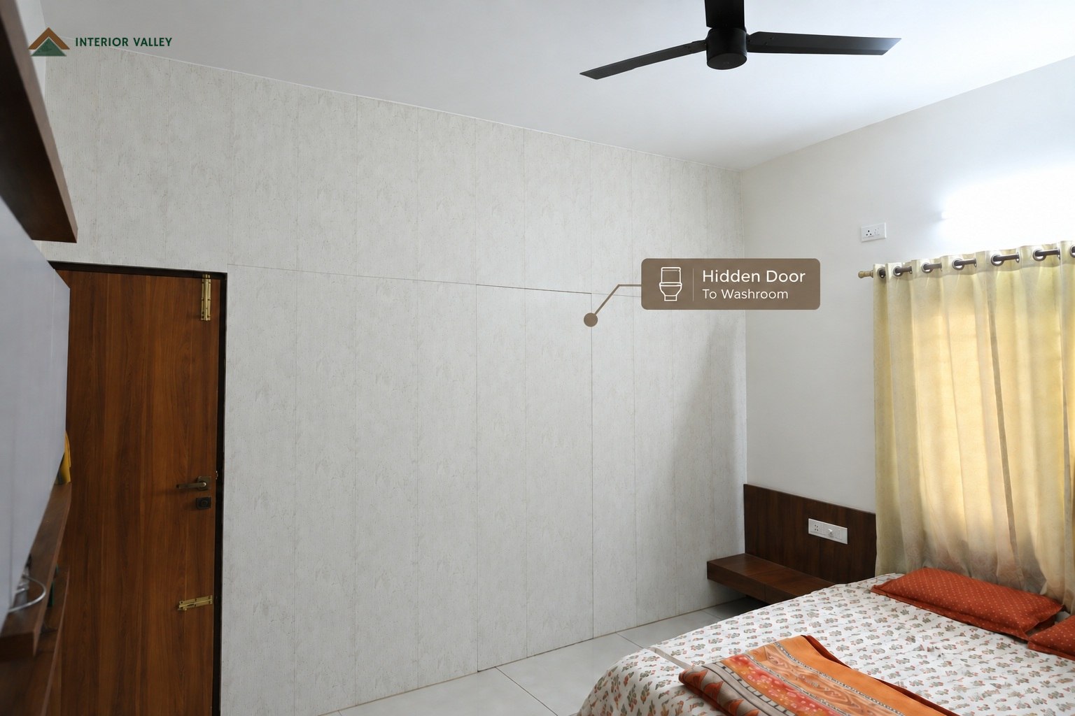 Bedroom with a wood-framed wardrobe and soft curtains